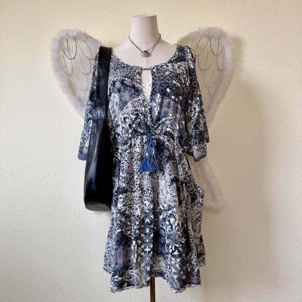 Free People Blue Gray Medallion Print Cold Shoulder Mini Dress Boho Indie Sleaze